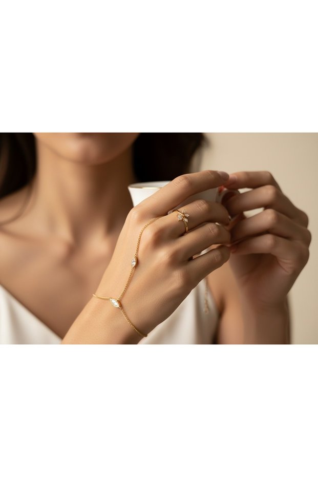 Women's Gold Color Zircon Stone Ring with Marquise Detail, Shahmeran Bracelet, Stylish Jewelry