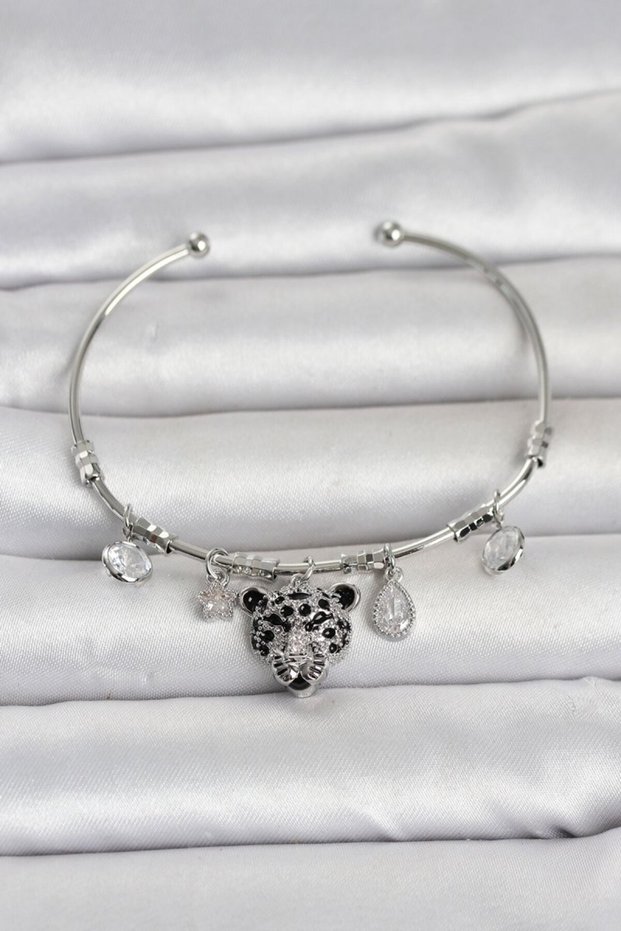 Brass Silver Color Leopard Detailed Charm Women's Bracelet