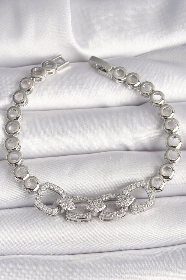 Brass Silver Color Zircon Stone Circle Chain Model Women's Bracelet