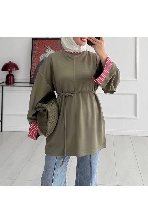 Tunic with Stripe Detail on Collar and Sleeves - 1722 - Khaki