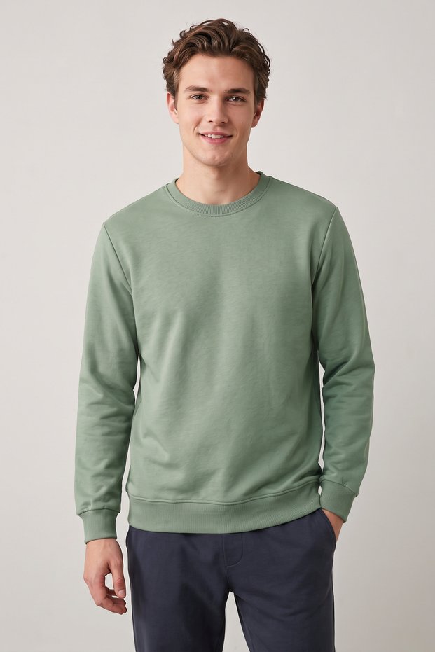 Men's Green Crew Neck 2 Thread Basic Sweatshirt Long Sleeve Plain Regular Fit Casual