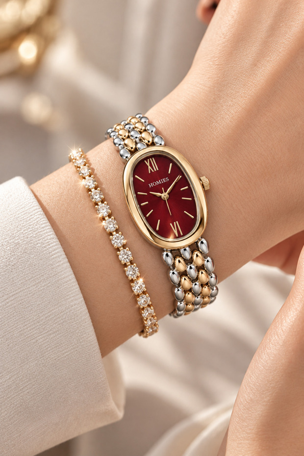 Women's Wristwatch-Oval Case-Gold and Silver Color-Burgundy Dial-Gift Box and Bracelet.Hm23789S01-8