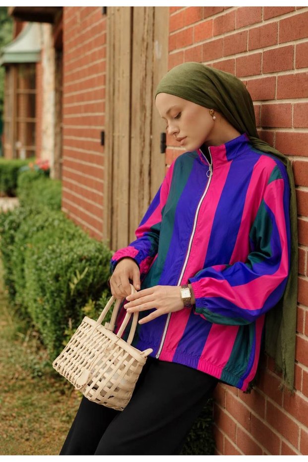 Women's Patterned Stand Collar Zippered Windbreaker Jacket - 80S
