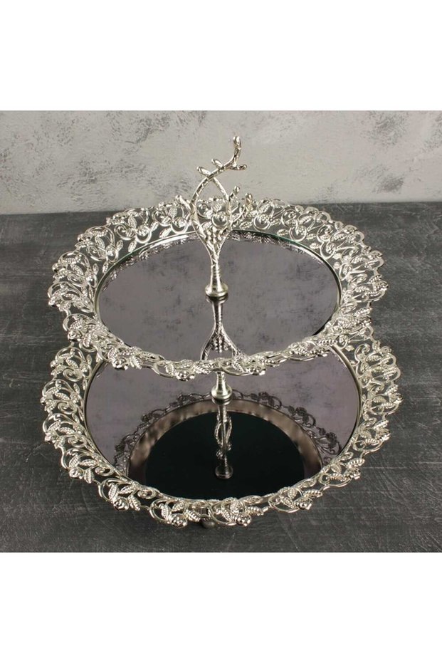Two-Tier Cookie Holder Ivy Patterned Round Metal Silver 25 cm / 20 cm