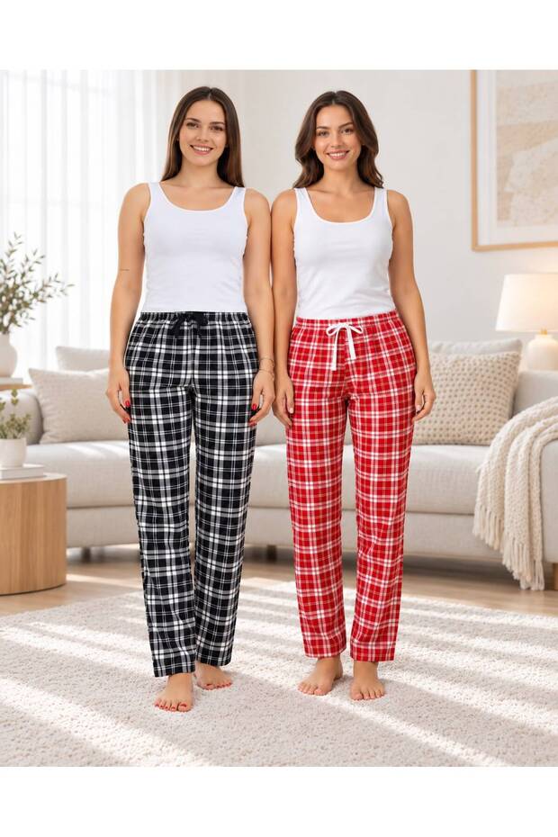 2-Piece Plaid Women's Micro Suede Winter Elastic Comfortable Pajama Bottoms