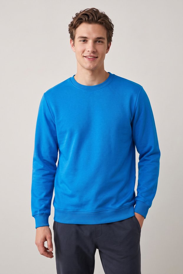 Men's Saks Blue Crew Neck 2 Thread Basic Sweatshirt Long Sleeve Plain Regular Fit Casual