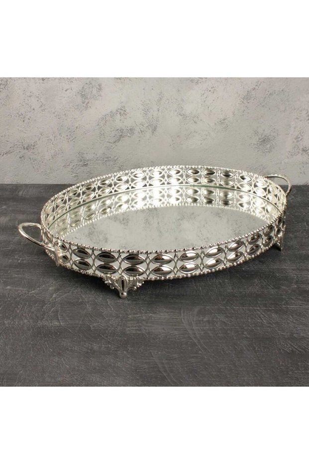 Mirrored Tray Decorative Presentation Tray Large Oval Almond Patterned Metal Silver 42 X 33 cm