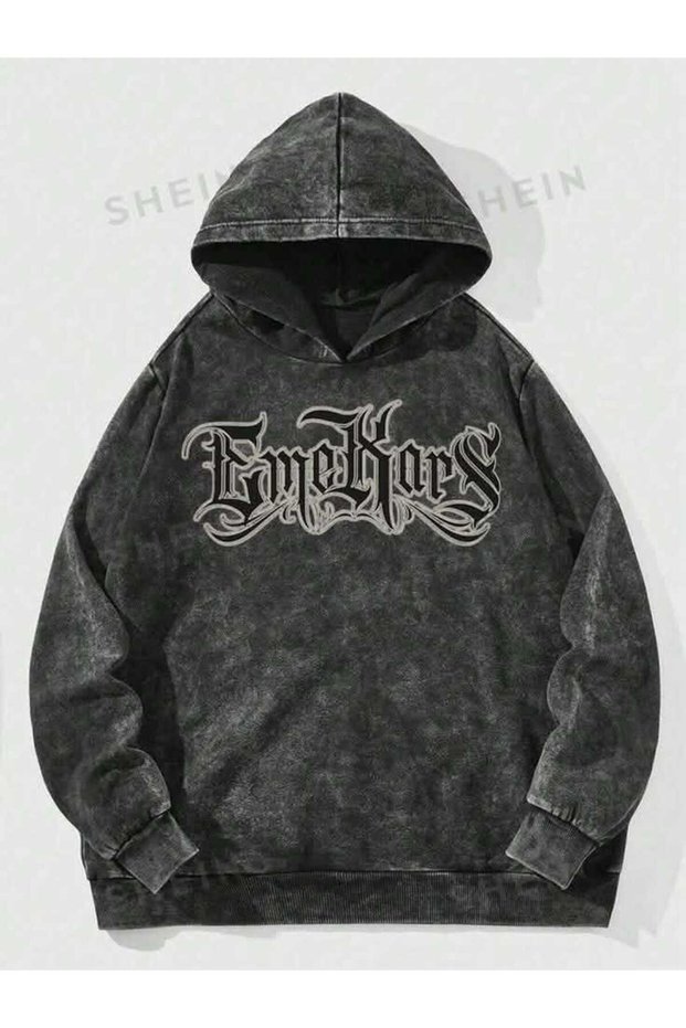 Unisex Anthracite Acid Wash Vintage Hooded Sweatshirt Comfortable Fit Hoodie