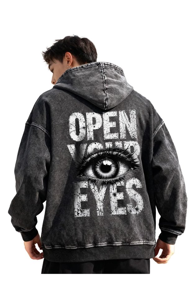 Unisex Anthracite Vintage Effect Washed 3 Thread Hooded Sweatshirt Relaxed Fit