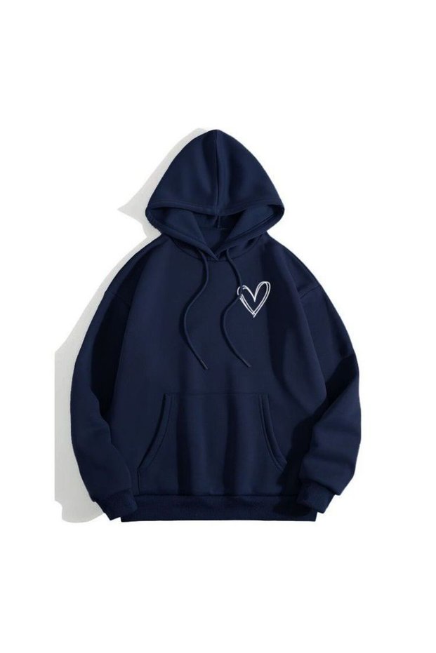 Unisex Navy Blue Kangaroo Pocket Thick Fabric Oversize Hooded Sweatshirt Hoodie