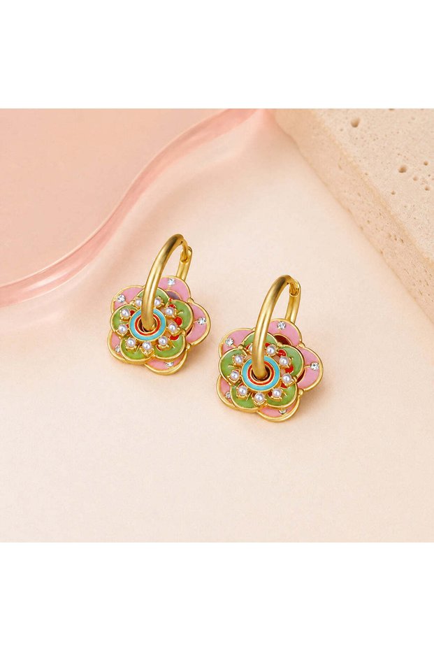 Baby Pink & Green Flowers Earrings with Small Pearls
