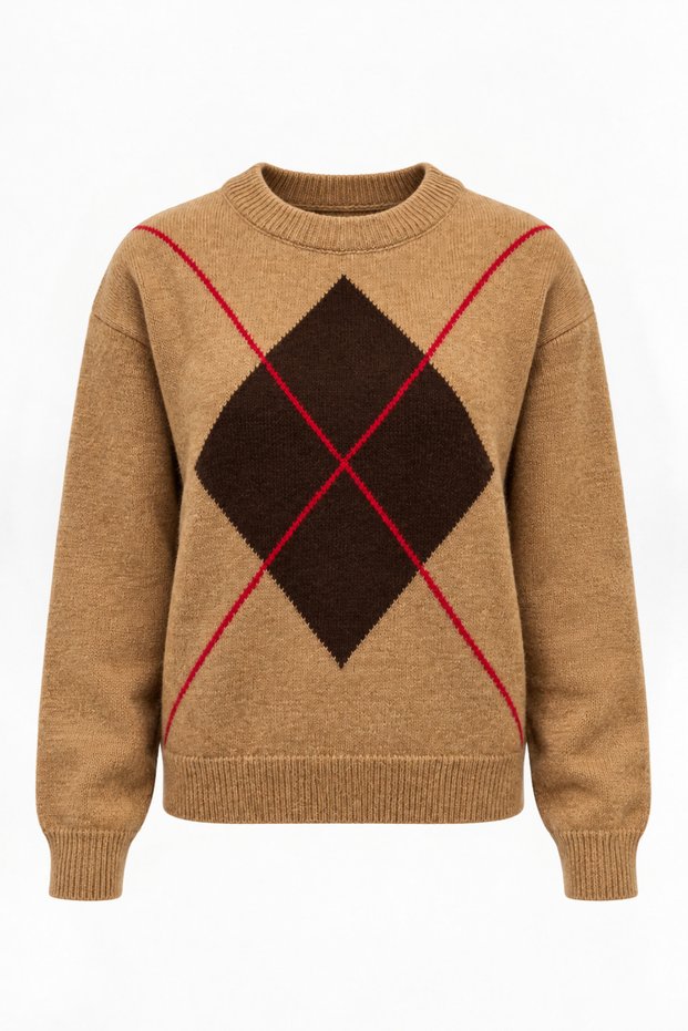 Women's Camel Baklava Patterned Crew Neck Soft Textured Sweater