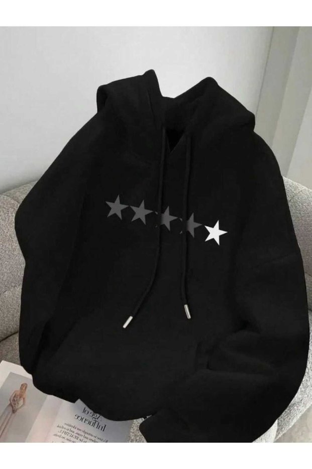 Unisex Black Oversize Hooded Sweatshirt with Kangaroo Pocket, 3 Thread Raster Hoodie