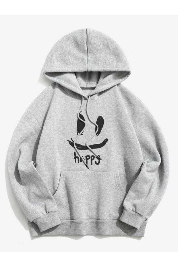 Unisex Gray Relaxed Fit Hooded Kangaroo Pocket Thick Sweatshirt
