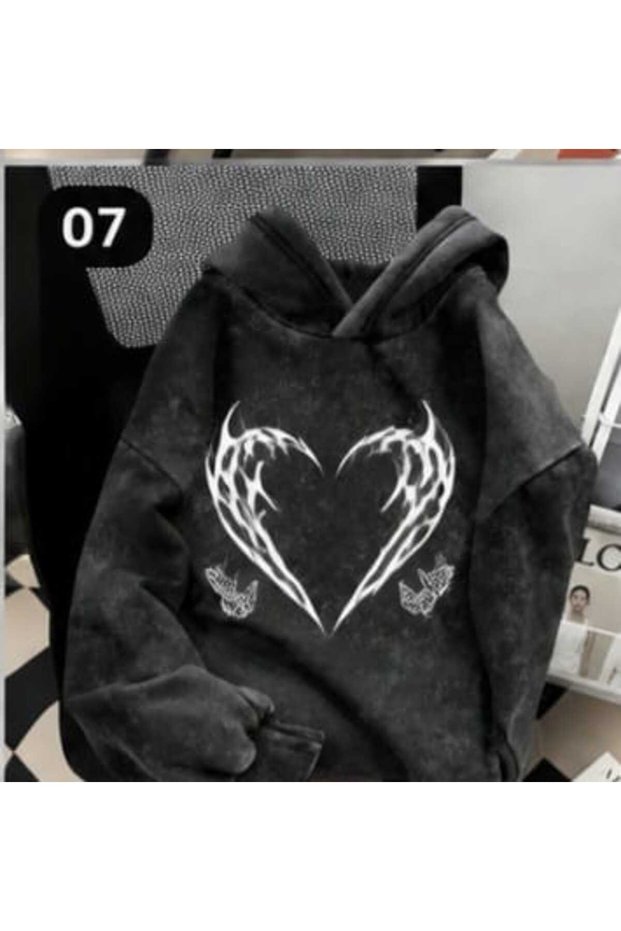 Unisex Anthracite Vintage Effect Washed 3 Thread Hooded Sweatshirt Relaxed Fit