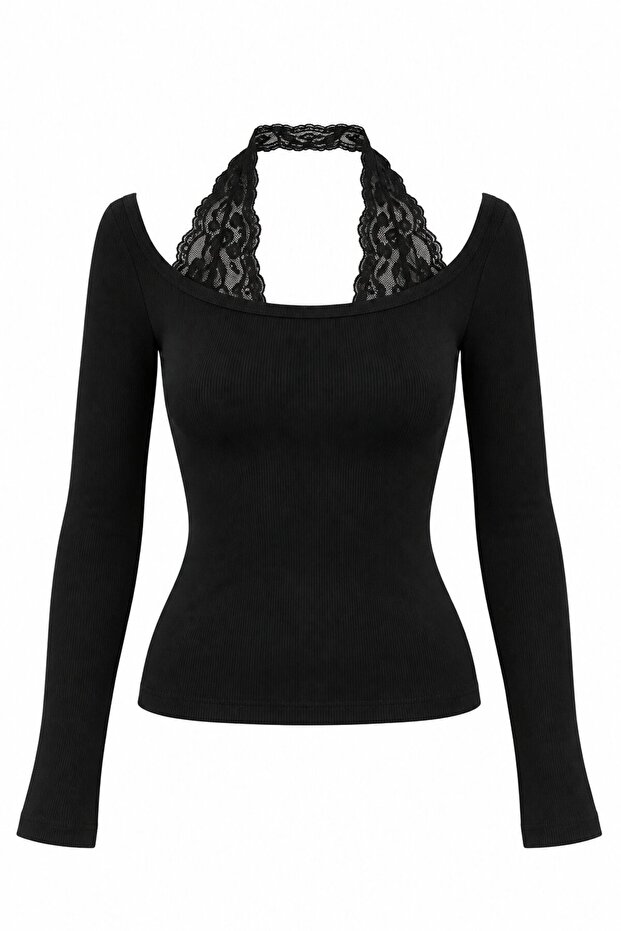Black Halter Neck Lace Blouse - 2Y261017