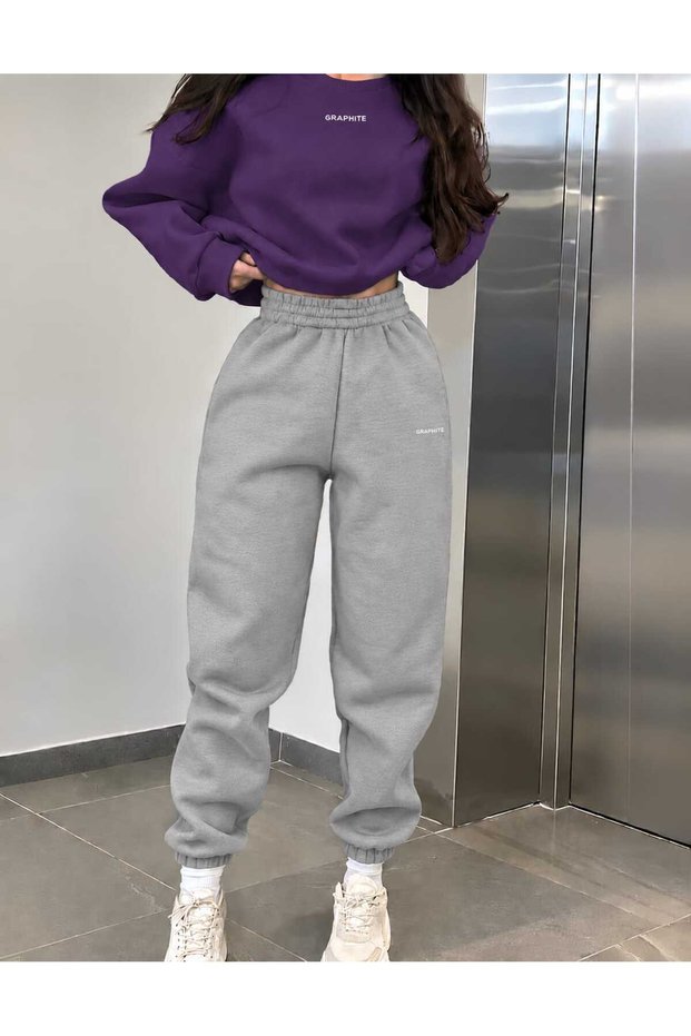 Women/Men Graphite Custom Printed Cotton Oversize Jogger Crewneck Sweatshirt Bottom Top Set