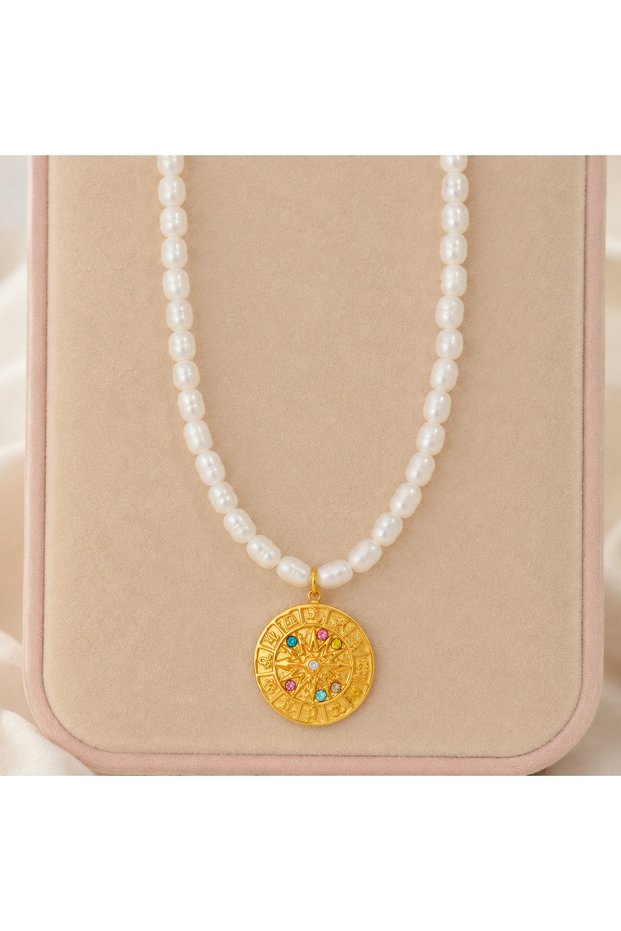 Gold Medallion Pearl Necklace - zodiac