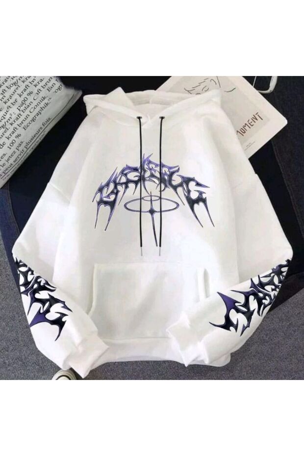 Unisex White Streetwear Oversize Hooded Casual Cotton Sweatshirt with Pockets