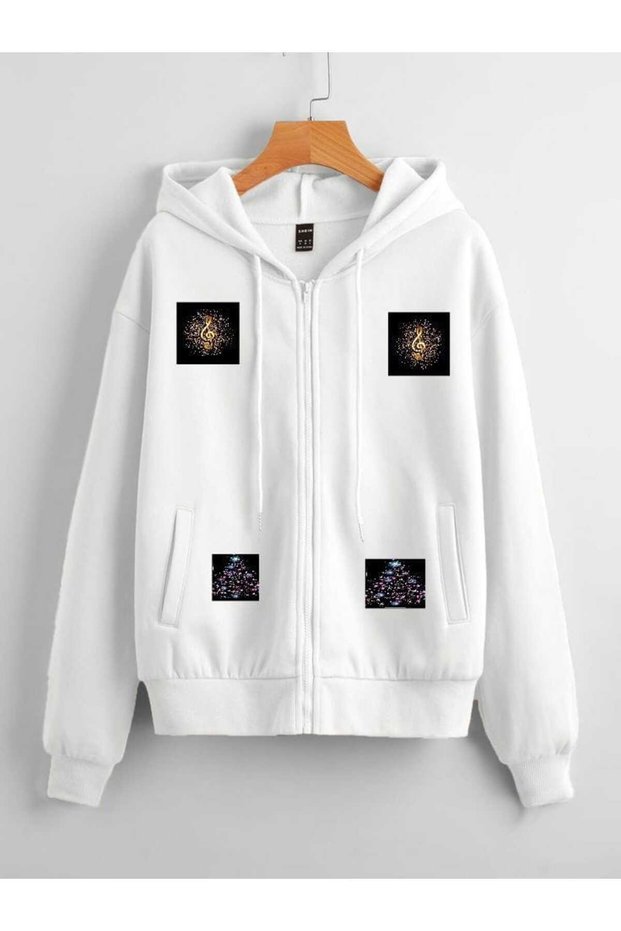 Unisex White Relaxed Fit Hooded Kangaroo Pocket Thick Sweatshirt