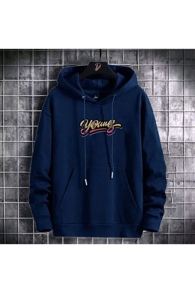 Unisex Navy Blue Hooded Oversize Sweatshirt Comfortable Fit Cotton with Fleece Inside