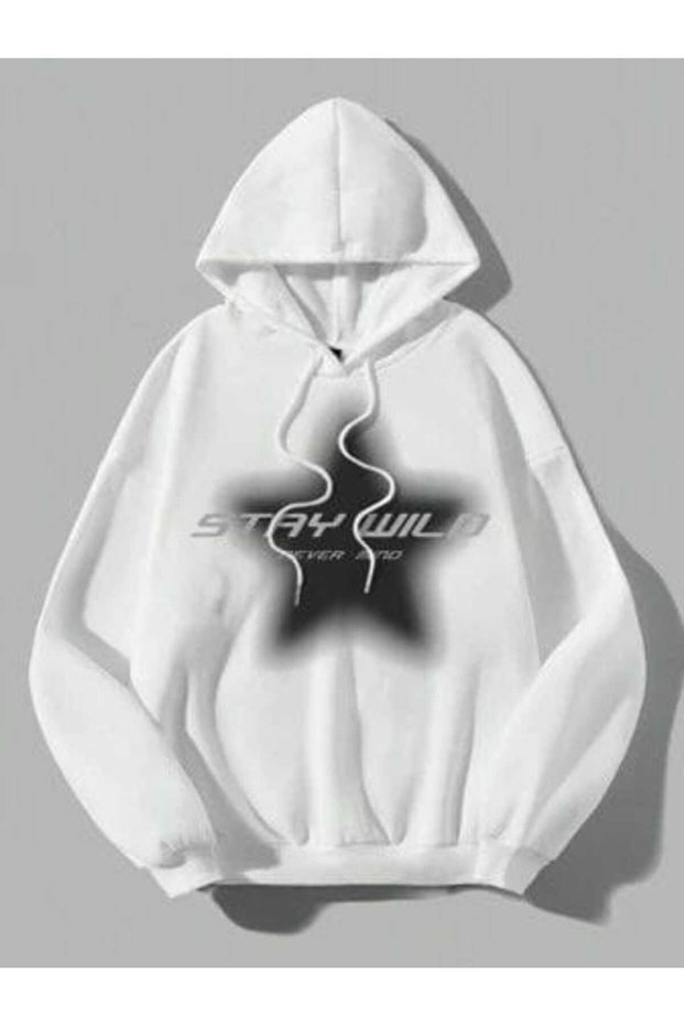 Unisex White Off-Shoulder Oversize Hooded Casual Sweatshirt with Kangaroo Pocket