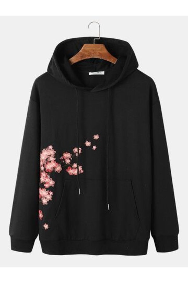 Unisex Black Streetwear Oversize Hooded Casual Cotton Sweatshirt with Pockets