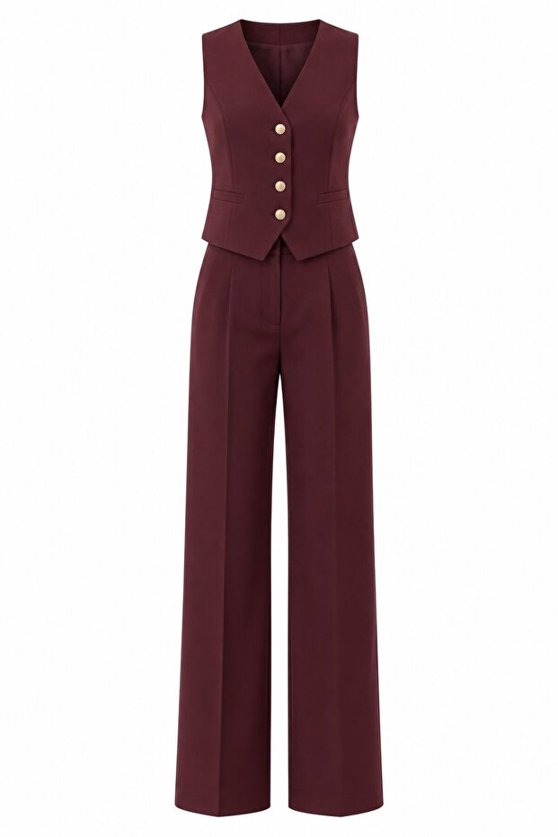 Burgundy Gold Button Polyviscon Fabric Vest Suit - 2Y0375