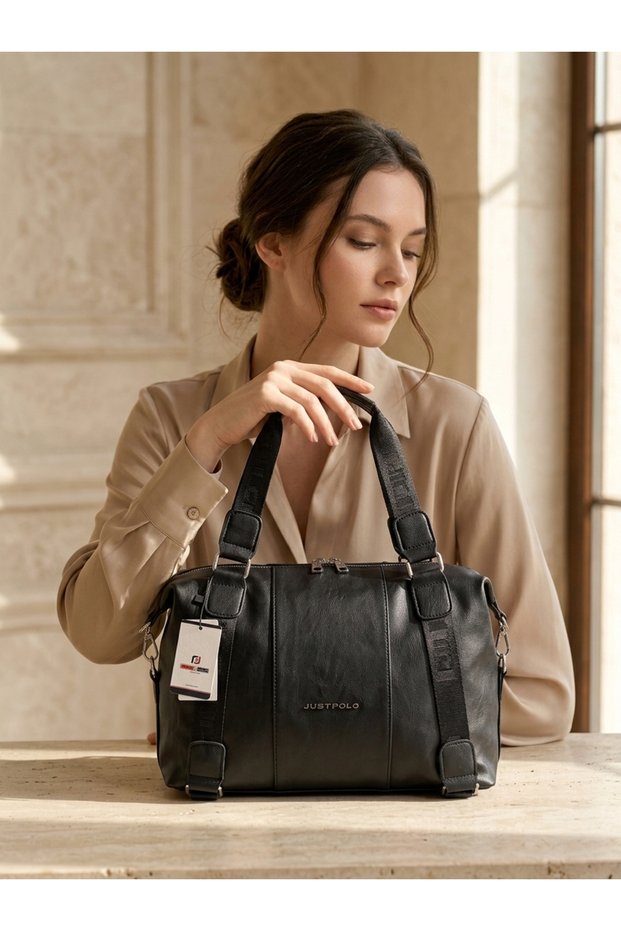 Stylish Women's Shoulder Bag with Faux Leather Texture, Logo and Stripes