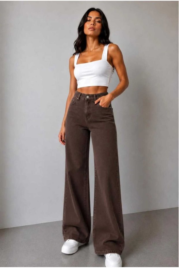 High Waist Brown Wide Leg Palazzo Jeans