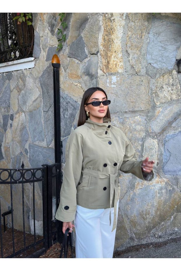 Women's Short Stand Collar Double Button Belted Trench Coat
