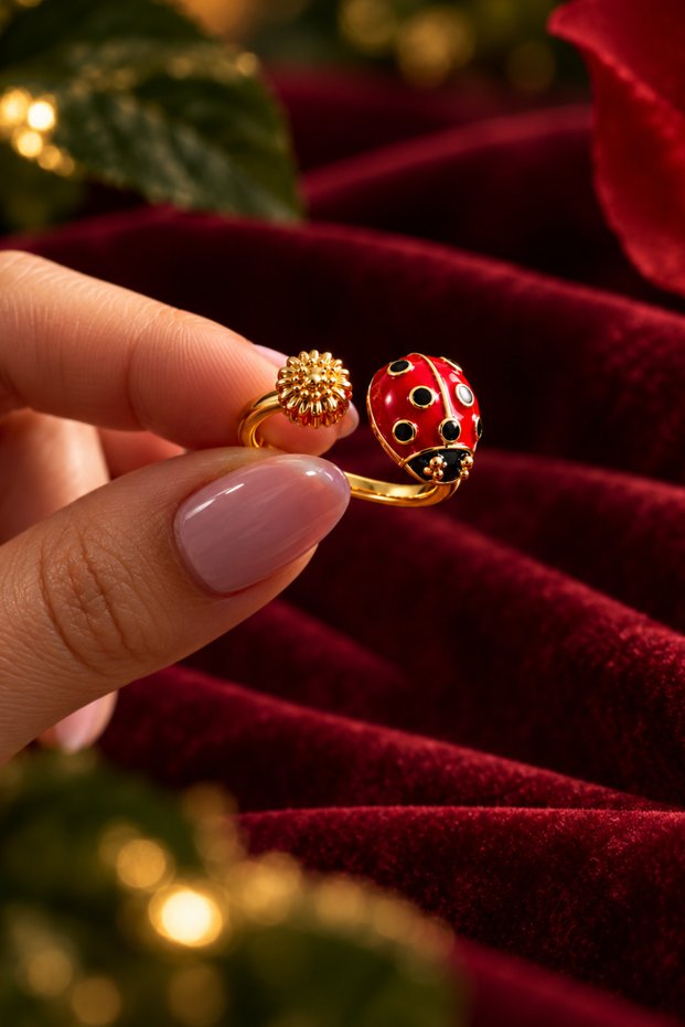 Zircon Stone Detailed Ladybug Model Adjustable Ring