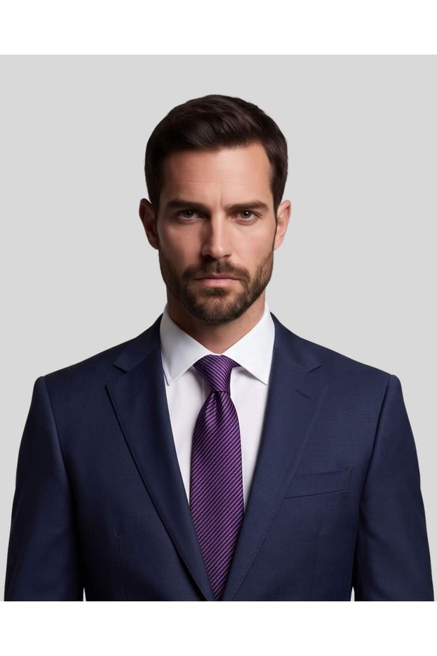 Navy Blue White Striped Purple Silk Tie – 7.5 cm Wide