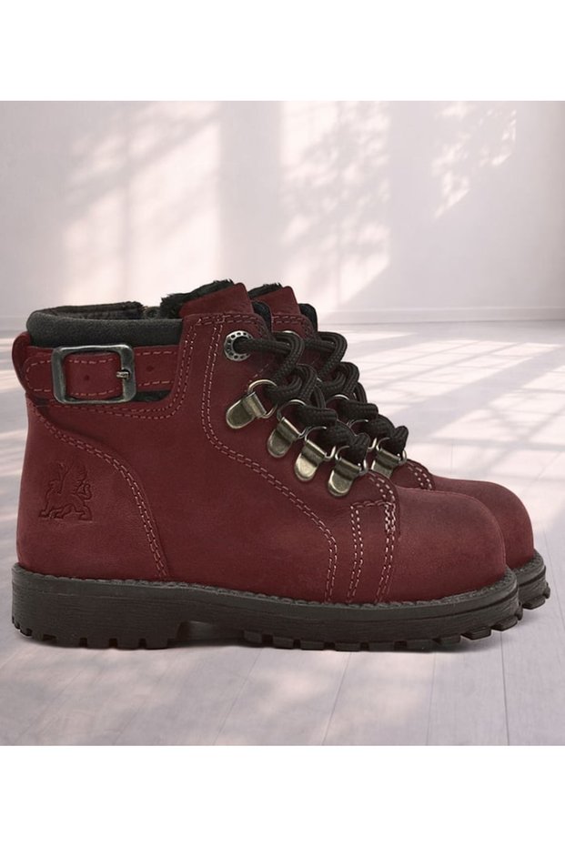 Rakerplus Griffon 8028-Bor2 Claret Red Nubuck %100 Leather Zippered Girl Baby Kids Boots