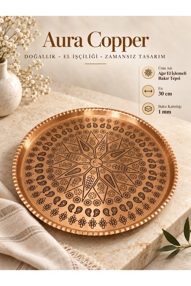 Heavy Duty Hand-Embroidered Copper Tray 1 mm Decorative Presentation and Serving Tray Ac-Tp-002/Round 25 cm