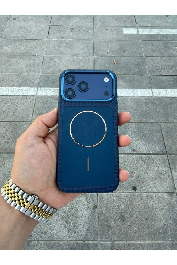 Apple iPhone 17 Pro Max Compatible Navy Blue Glossy Leather Lux Case with Magsafe Feature