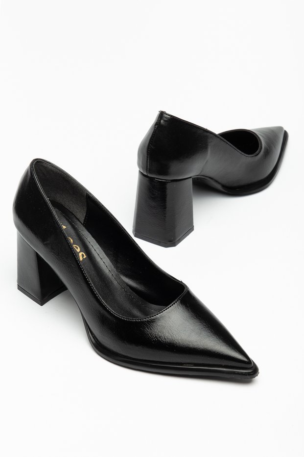 Women's Black Leather Pointed Toe Closed Back Thick Heeled Stiletto Shoes