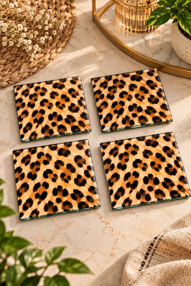 Glass Coaster | Leopard Themed | 4-Piece Set | 10cm X 10cm