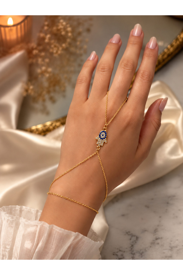 Elegant Zircon Stone Evil Eye Bead Detailed Fatman's Hand Figure Shahmeran