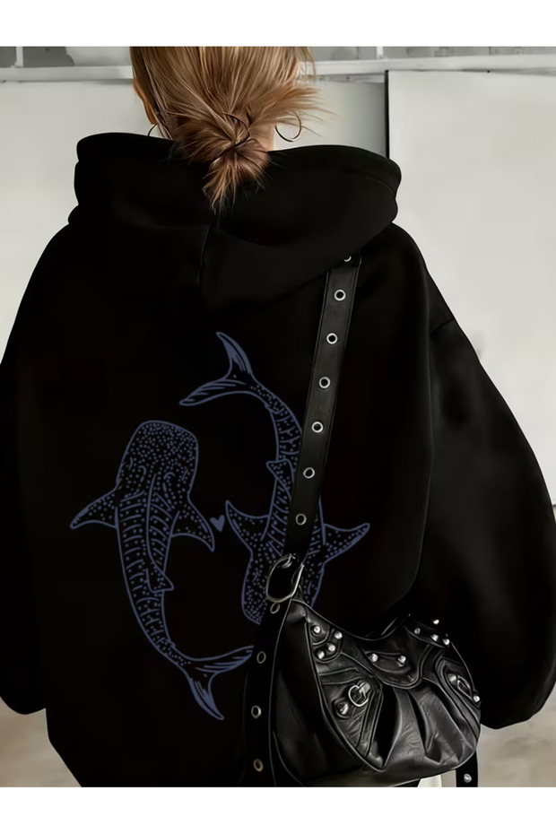 Women's Whale Shark Patterned Oversize Hoodie with Heart Detail and Dtf Back Print Sweatshirt