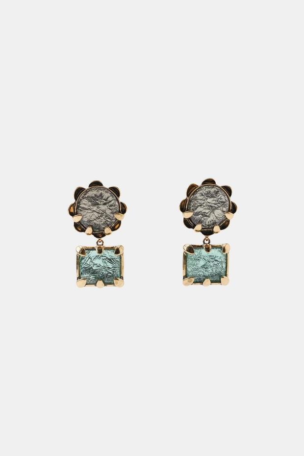 Vintage Gold Color Anthracite and Mint Green Stone Detailed Geometric Dangle Earrings for Women