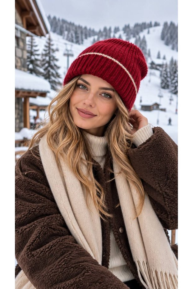 Burgundy Contrast Line Detailed Ribbed Corduroy Women's Beret