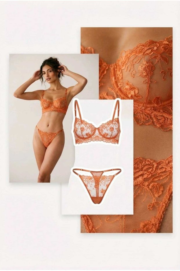 Orange Set - Embroidered Underwire Unlined Lingerie Set