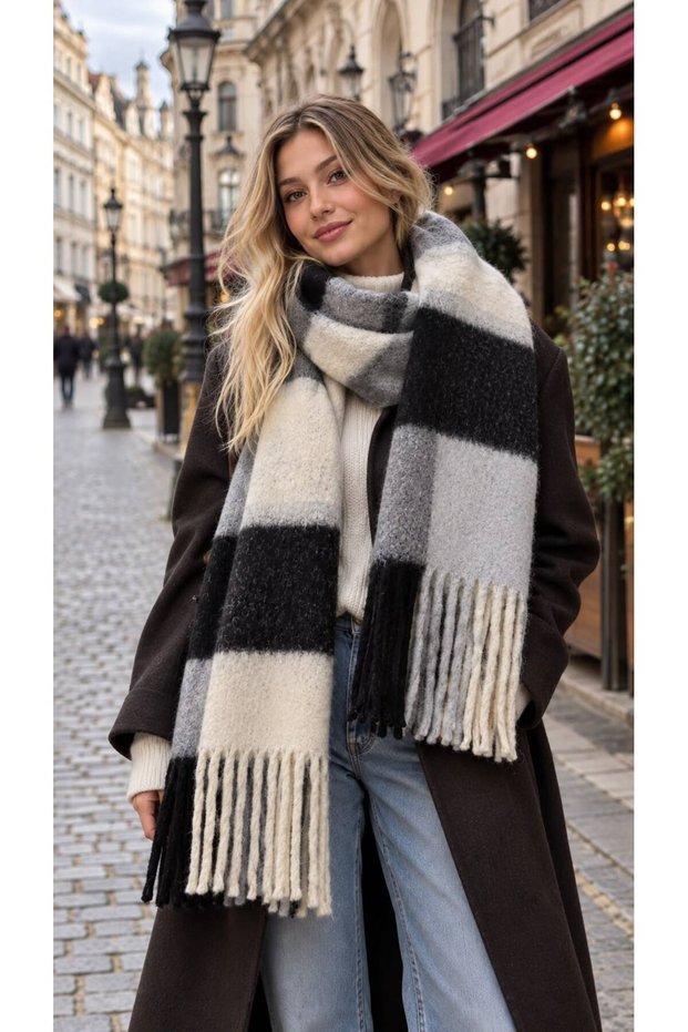 Black Plaid Patterned Soft Textured Tasseled Thick Scarf Shawl 220X45 cm