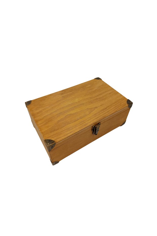 Retro Yellow Oak Wooden Box with Metal Corner Brackets – 30×16×10 cm |   Handmade