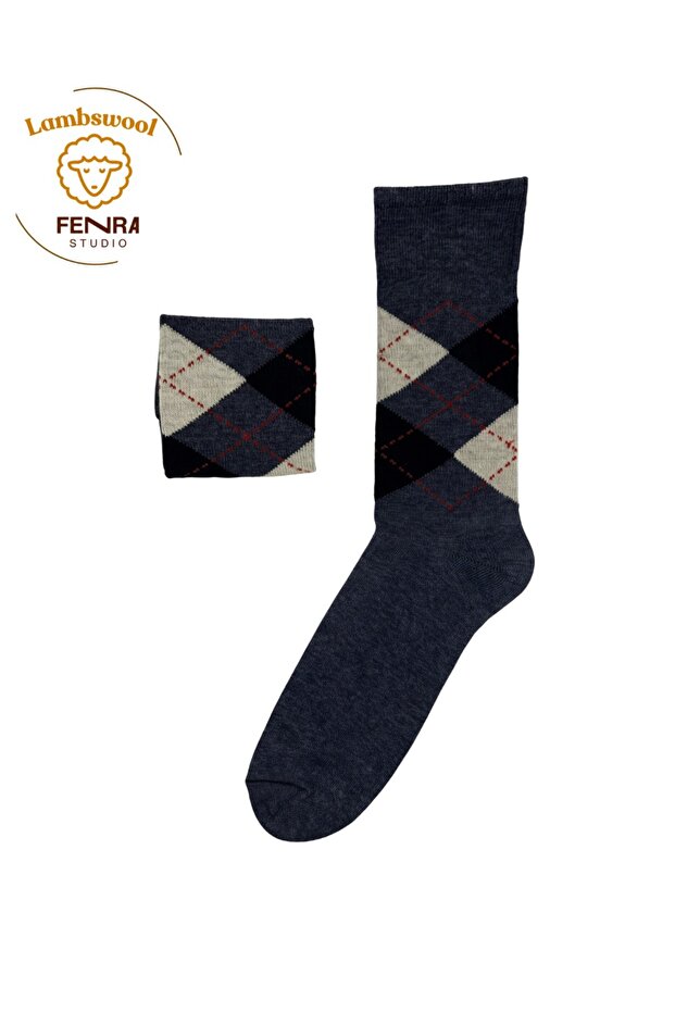 Men's Winter Thermal Wool Warm Lambswool Indigo Navy Blue Gray Checked Socks