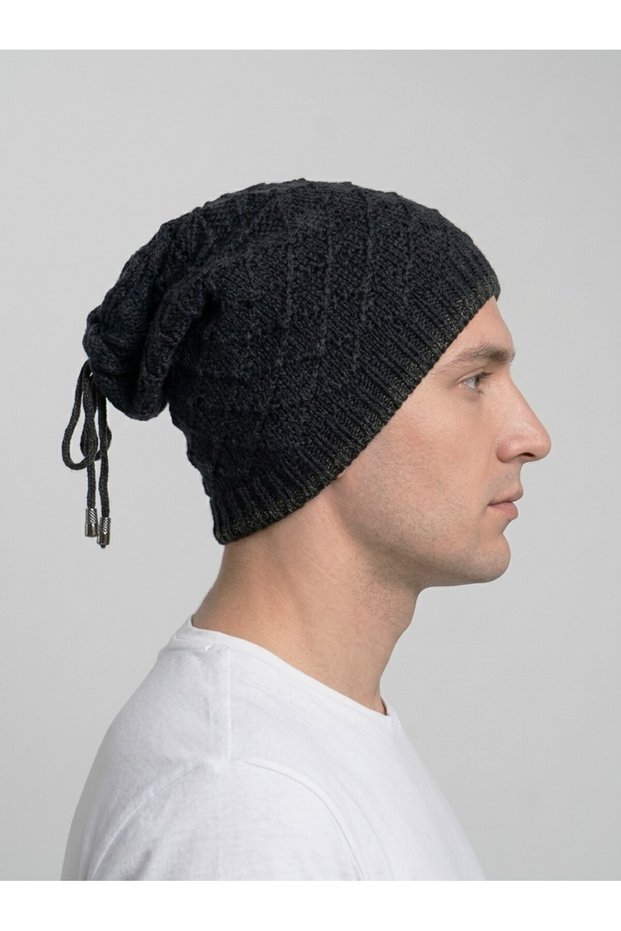 Beanie with Drawstring and Pendant Hip Hop Slouchy Knitwear Lined Unisex