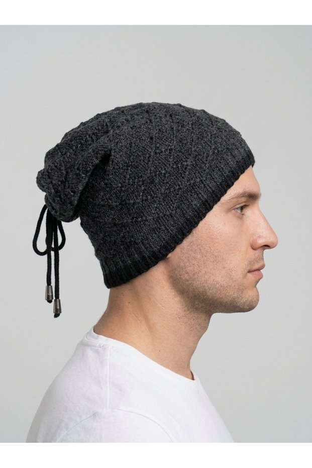 Beanie with Drawstring and Pendant Hip Hop Slouchy Knitwear Lined Unisex