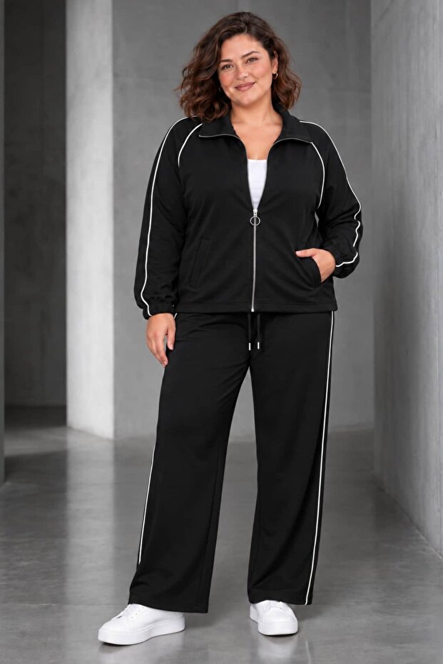 Plus Size Women's Zipper Detailed Stripe Detailed Wide Leg Sweatpants Set
