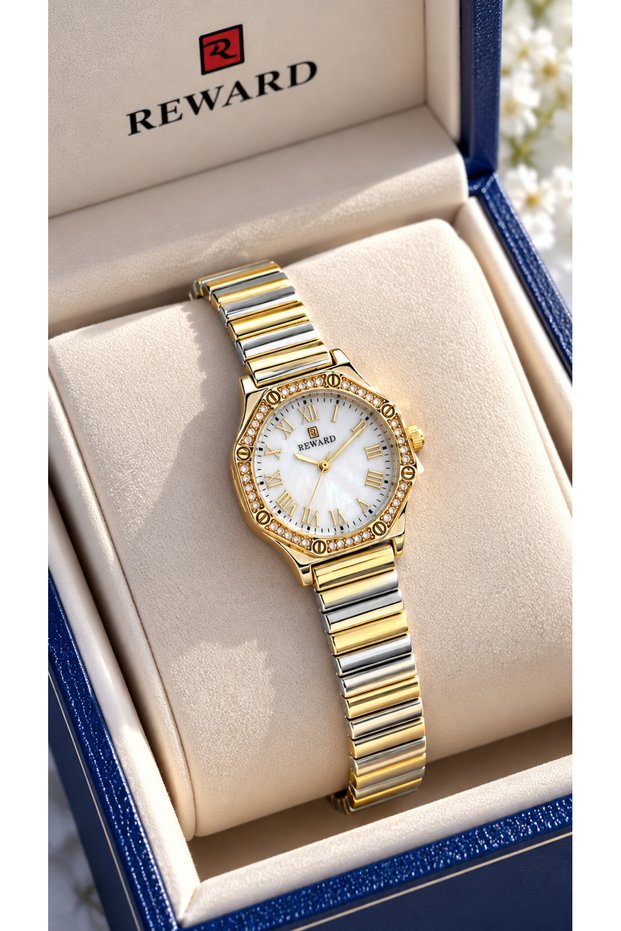 Roma Numerals White Dial-Small Case-Yellow Silver Color Steel Strap Women's Wristwatch-Classy in Box